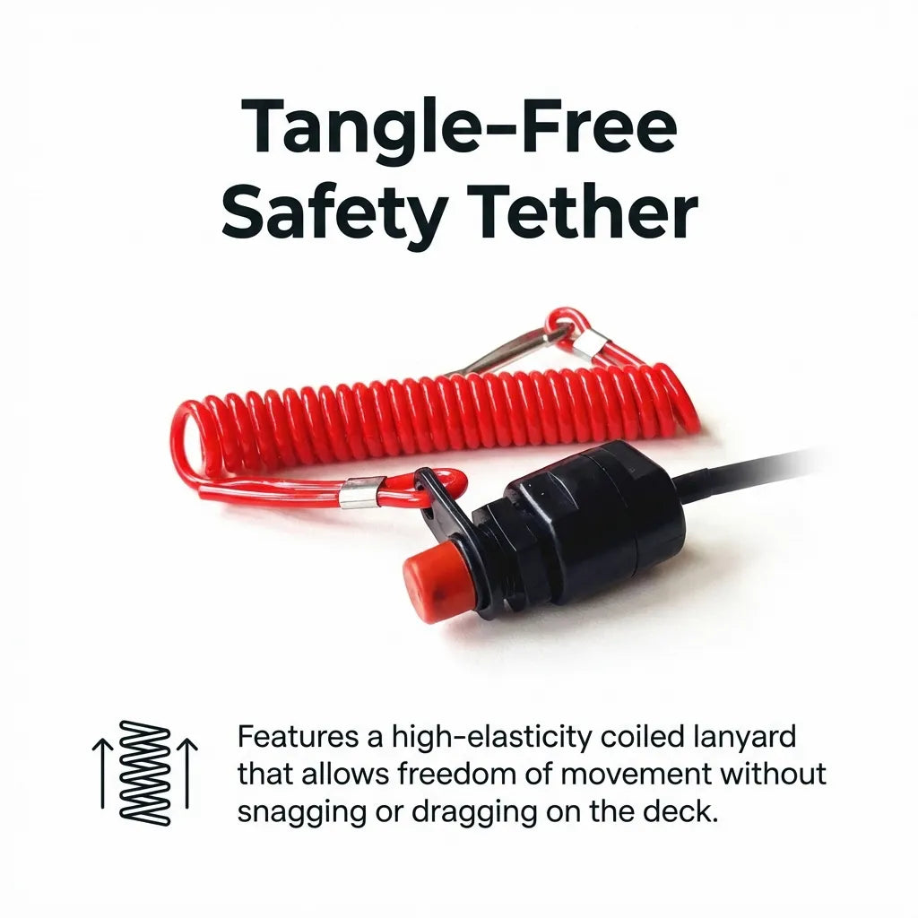 Feature highlight of the high-elasticity coiled safety tether designed for freedom of movement without snagging.