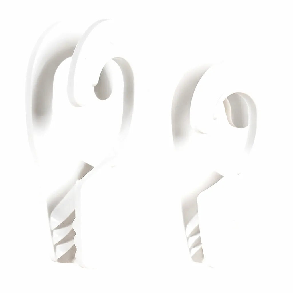 Pair of white marine fender quick-adjust hooks in large and small sizes on a pure white background