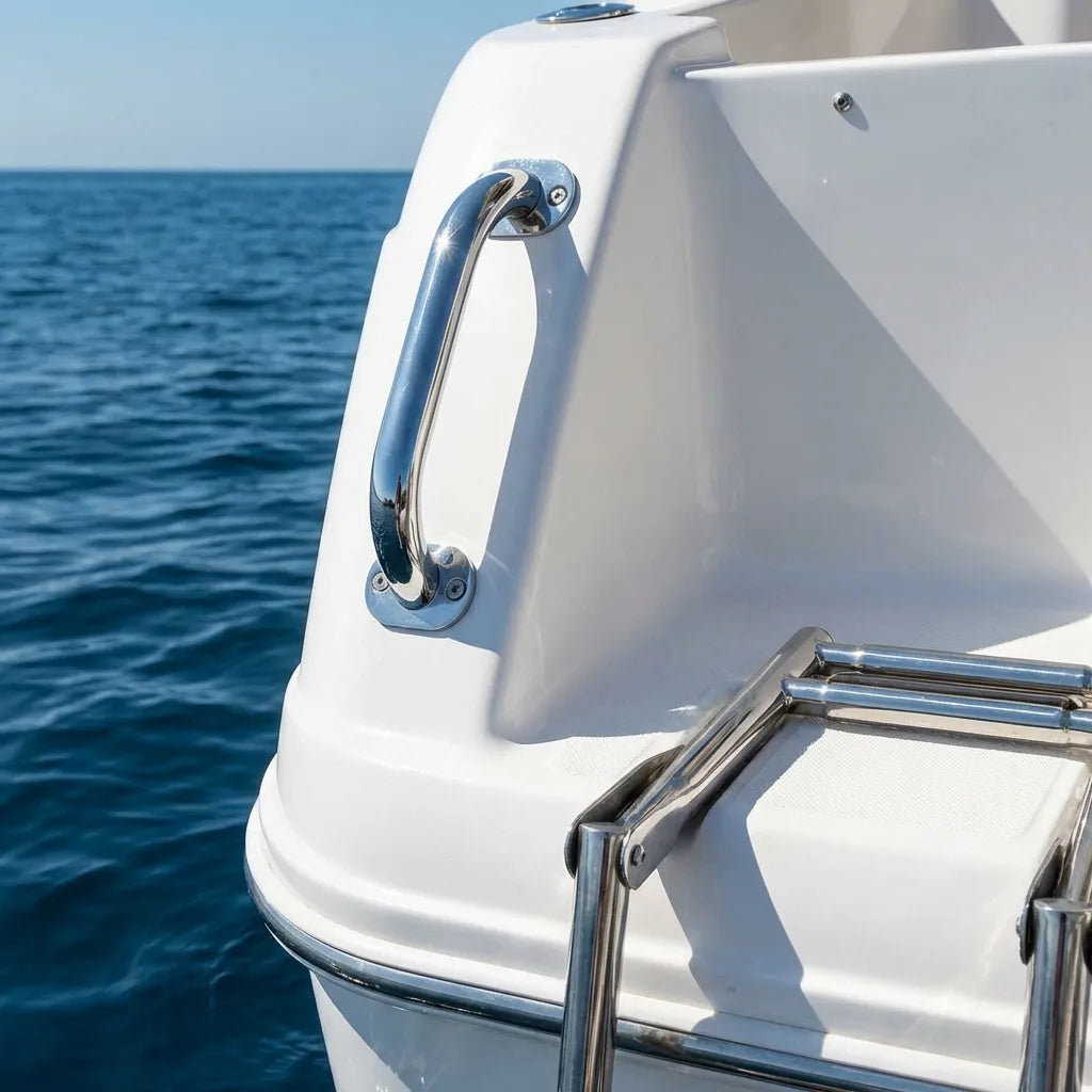 Stainless steel grab handle installed on the white fiberglass stern of a boat near a swim ladder.