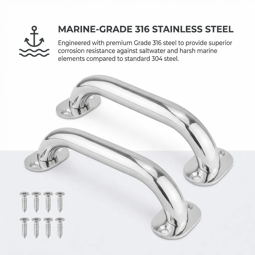Infographic highlighting 316 grade stainless steel construction with superior saltwater corrosion resistance compared to 304 steel.