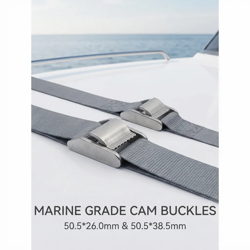 Marine grade cam buckles securing grey straps on the deck of a boat, demonstrating saltwater corrosion resistance.