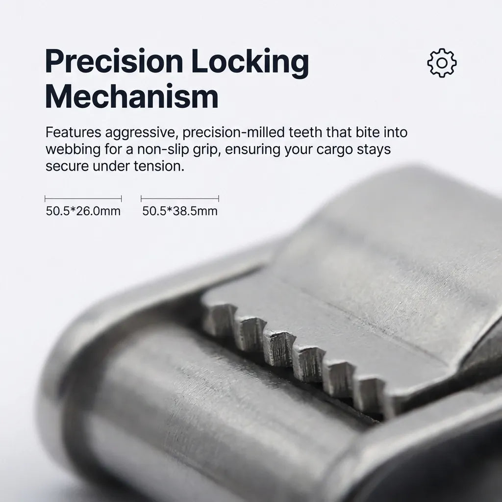 Close-up detail of aggressive precision-milled teeth on the cam buckle for non-slip webbing grip under high tension.