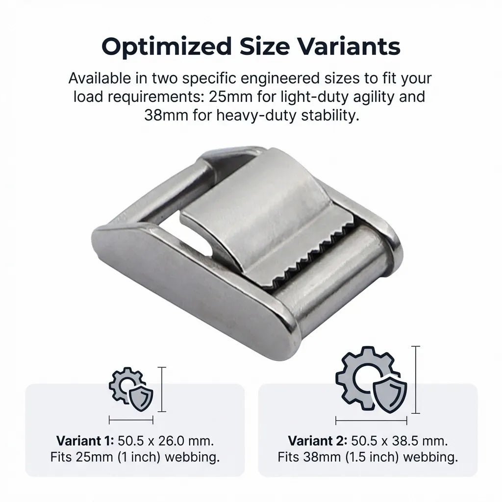 Side-by-side comparison of 25mm 1 inch and 38mm 1.5 inch engineered cam buckle size variants.