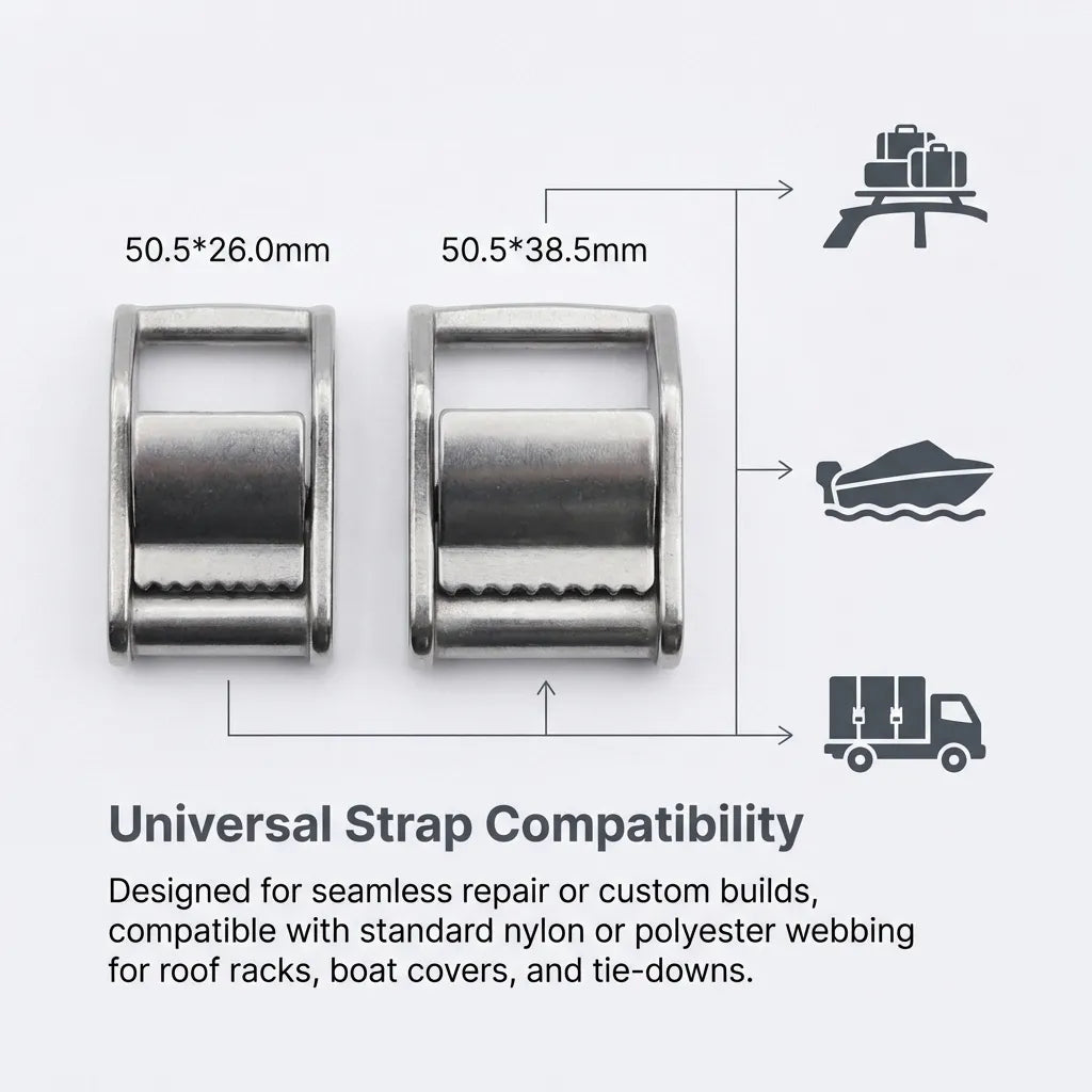 Diagram showing universal strap compatibility for roof racks, boat covers, and trucking tie-downs.