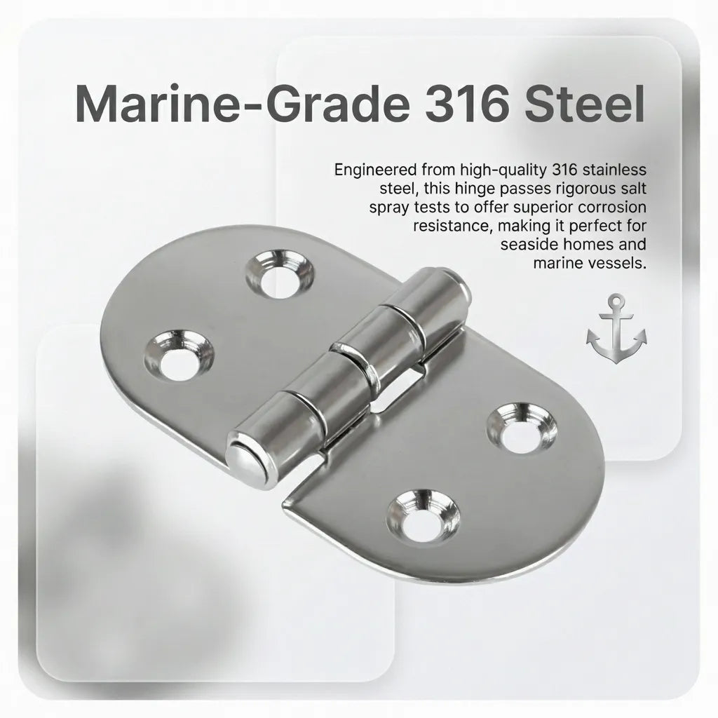 Detail view of the hinge with text overlay explaining 316 stainless steel construction and salt spray testing for superior corrosion resistance.