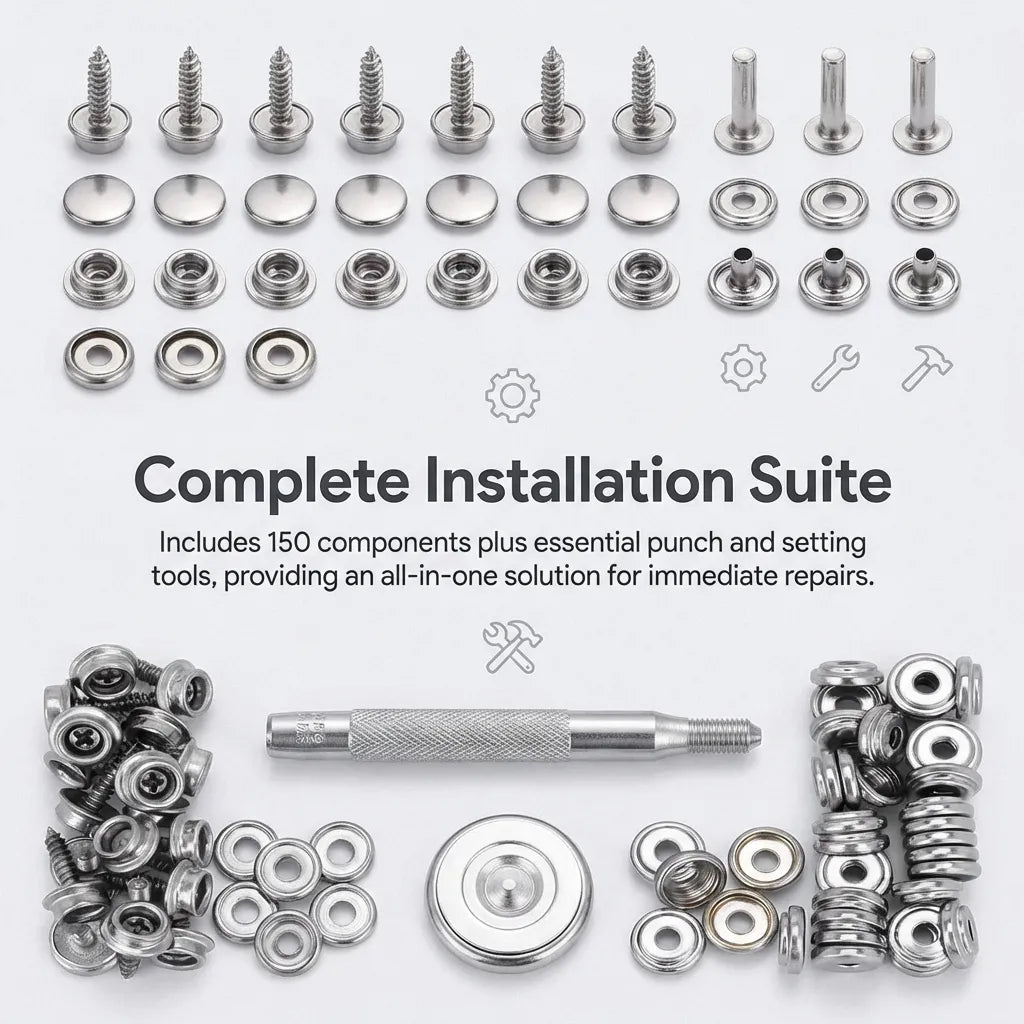 Grid display of all 150 components including screw studs, sockets, caps, fabric base studs, and essential punch and setting tools.