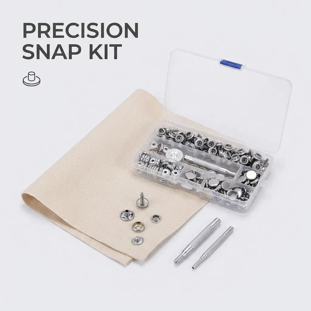 DIY repair setup featuring the snap kit, setting tools, and raw canvas material ready for hardware installation.