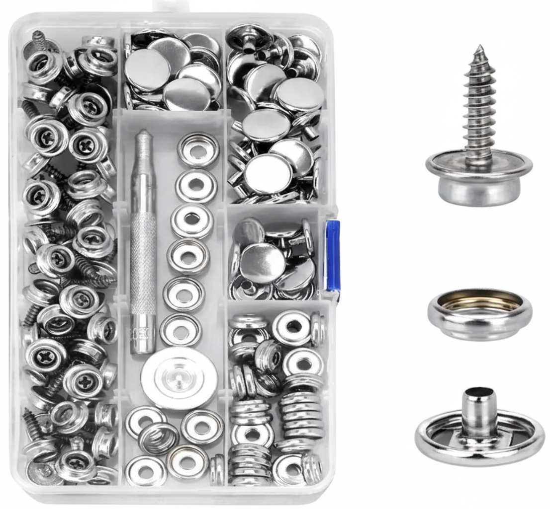 Organized 150-piece marine grade stainless steel canvas snap kit in a transparent storage case featuring screws, sockets, caps, and professional setting tools.