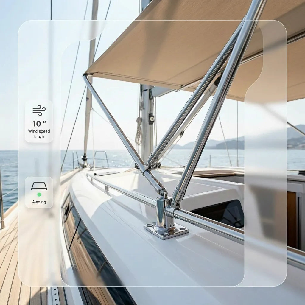 Lifestyle view of the rail fitting supporting a boat awning and bimini top structure on a yacht during sunny weather.