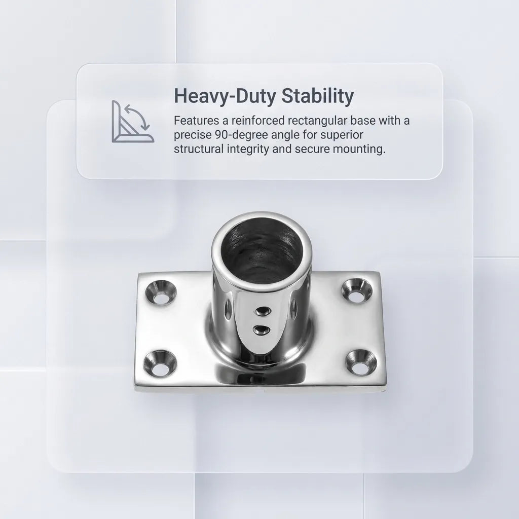 Top-down detail of the reinforced rectangular base with four countersunk mounting holes for secure 90-degree structural mounting.