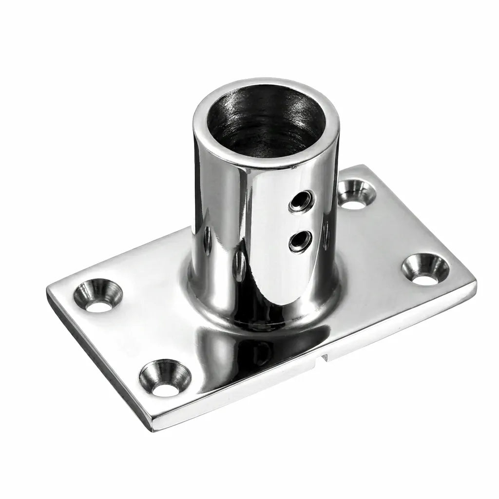 Mirror-polished 316 stainless steel 90-degree rectangular base handrail fitting on a pure white background for marine hardware applications.