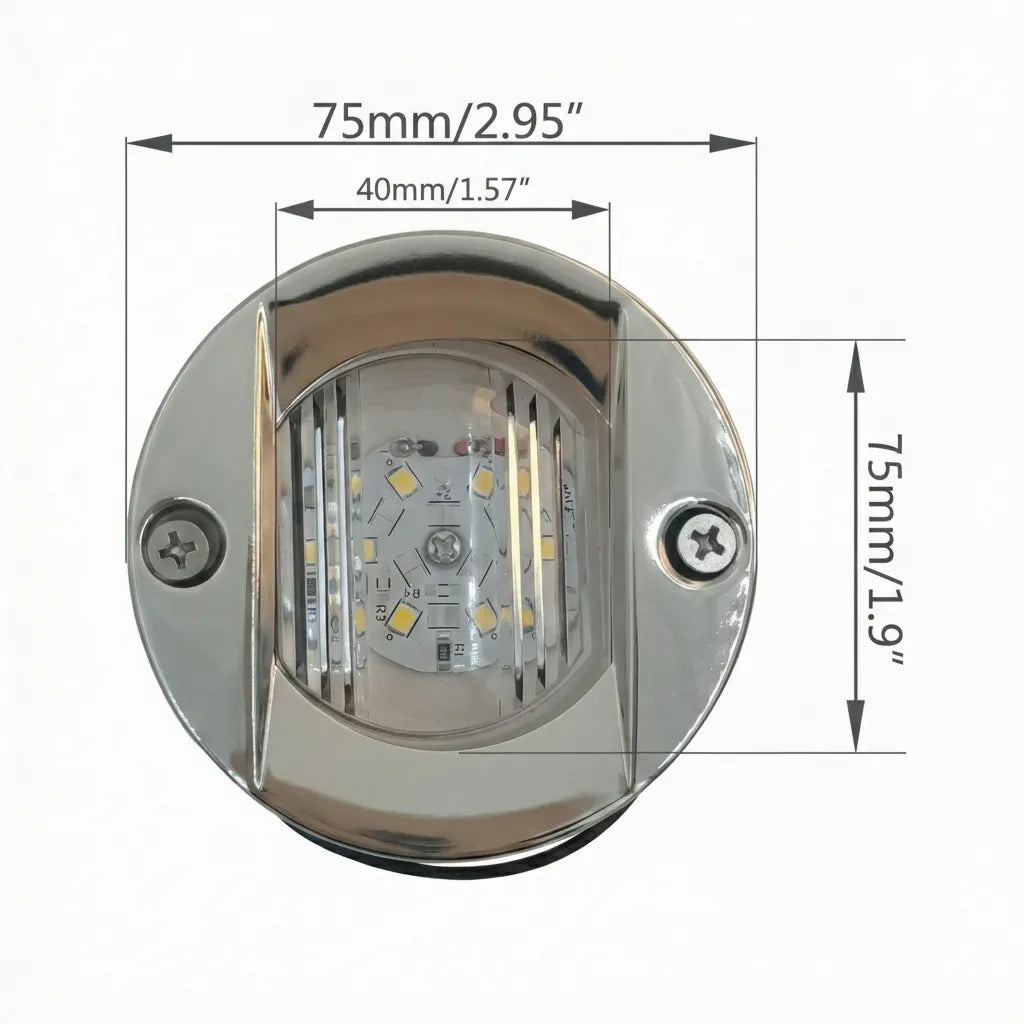 Diagram showing product dimensions: 75mm (2.95 inch) outer diameter and 40mm (1.57 inch) lens width with mounting screw spacing.