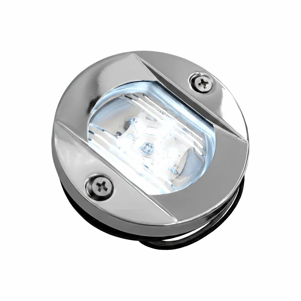 Front view of the LED Stern Navigation Light with mirror-polished 316 stainless steel housing and clear PC lens on a white background.