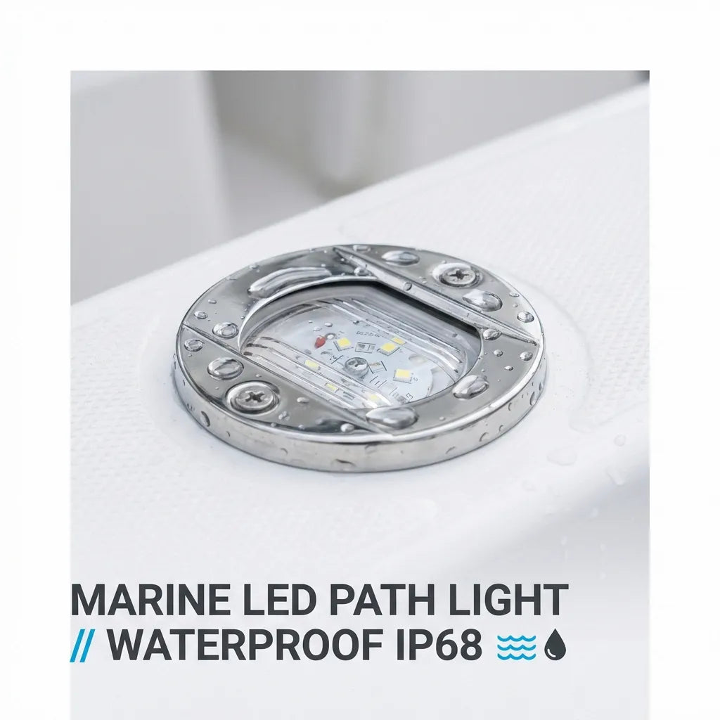The marine path light shown with water droplets, signifying its IP68 waterproof rating for wet environment durability.