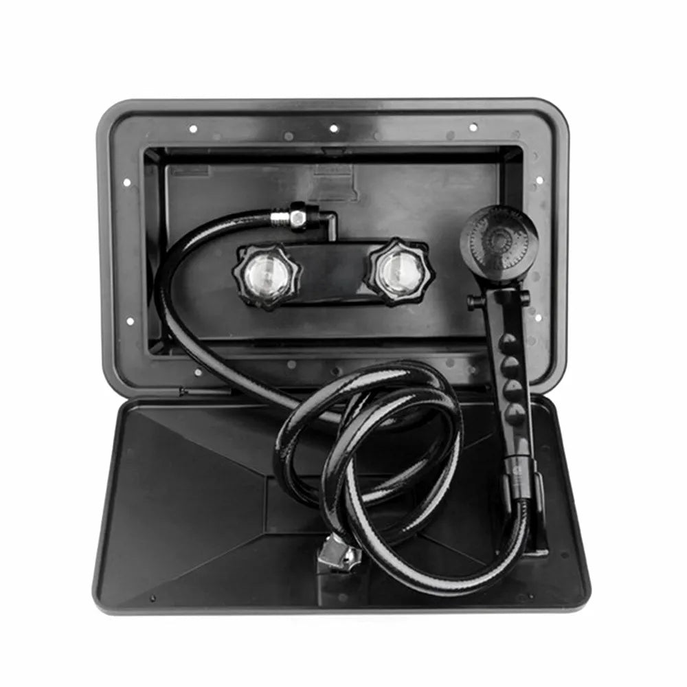 Recessed marine outdoor shower enclosure kit with black ABS shower head, PVC hose, and hot/cold water controls.