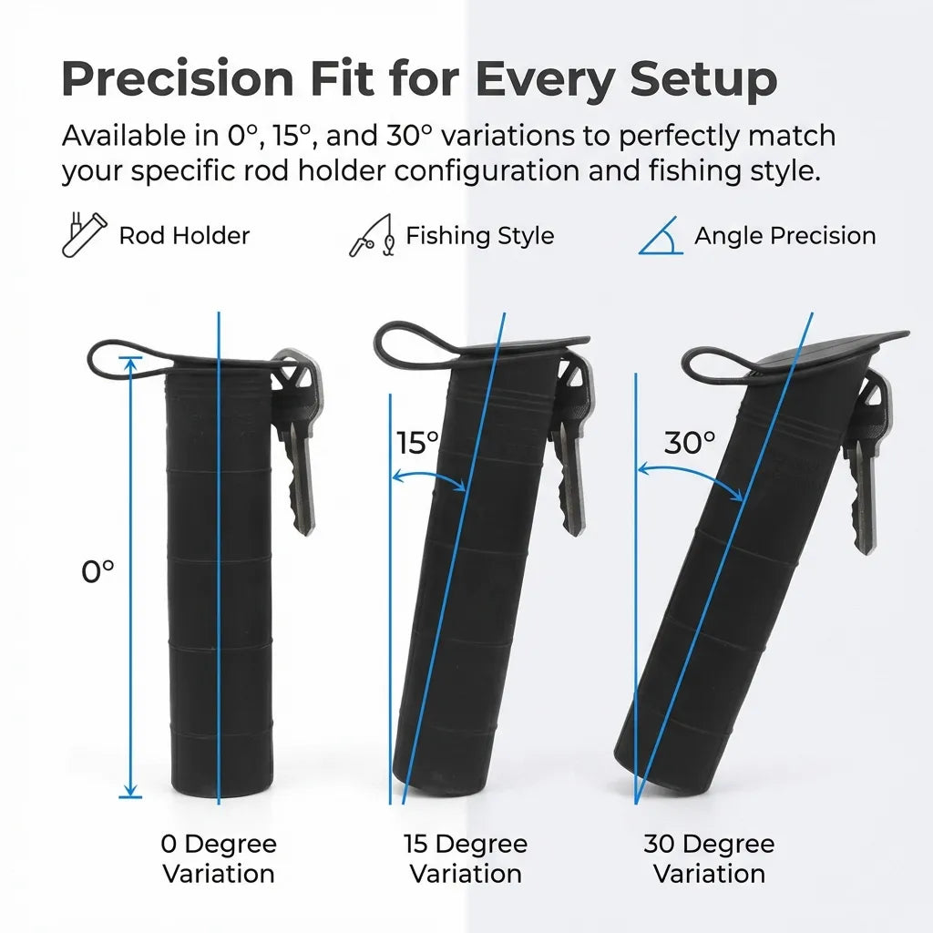 Infographic detailing the 0, 15, and 30 degree angle variations for specific rod holder configurations and fishing styles.