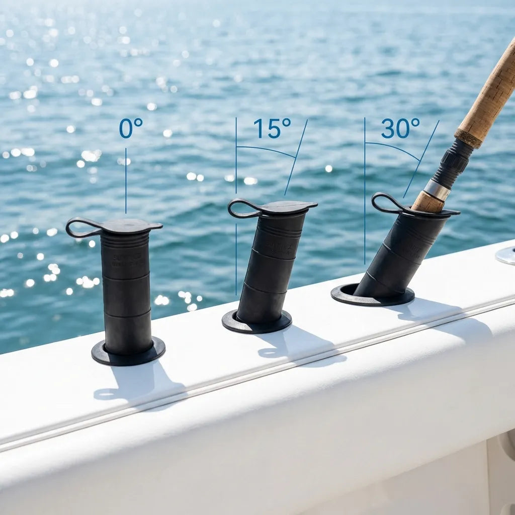 Close-up of three rod holder inserts installed in a white boat gunwale at different angles with a fishing rod docked in the 30-degree unit.