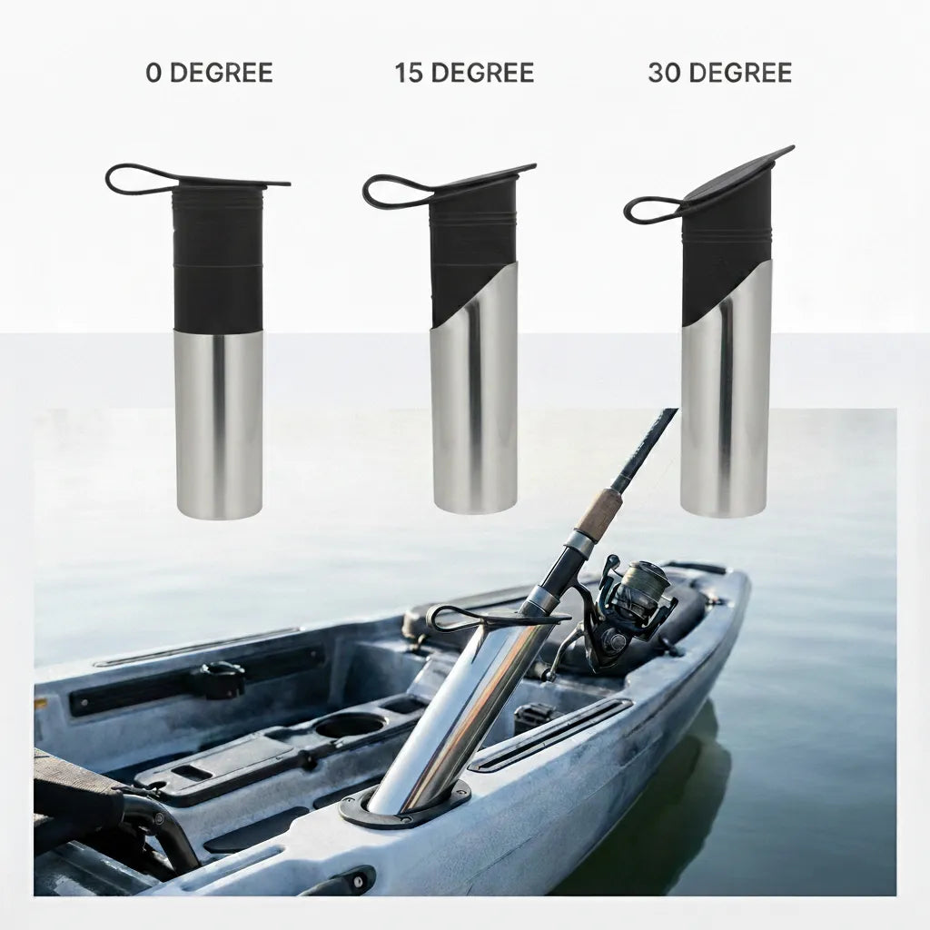 Composite view showing the rubber insert being fitted into a polished stainless steel rod holder on a kayak deck.