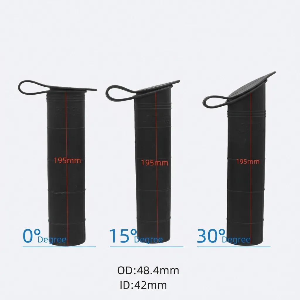 Technical schematic showing 195mm length, 48.4mm outer diameter, and 42mm inner diameter specifications for the rod holder sleeve.