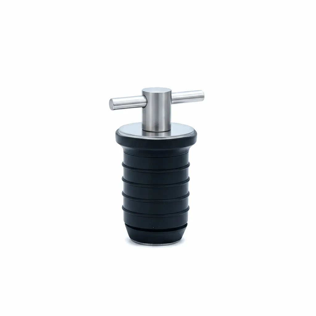 A single T-handle boat drain plug with a mirror-polished stainless steel top and a black ribbed rubber expansion gasket on a white background.