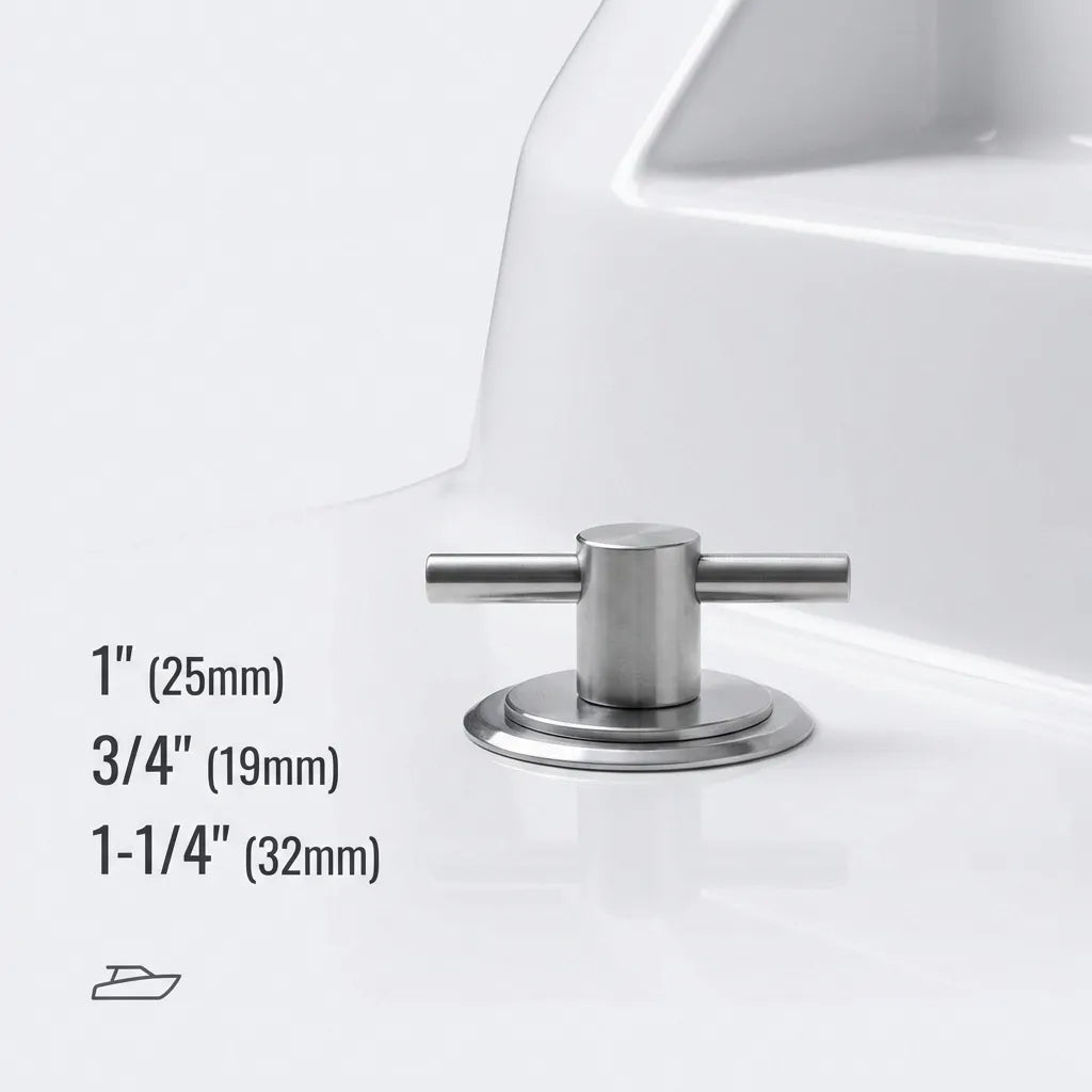 Close-up lifestyle shot of the stainless steel T-handle drain plug installed securely in a white fiberglass boat hull.