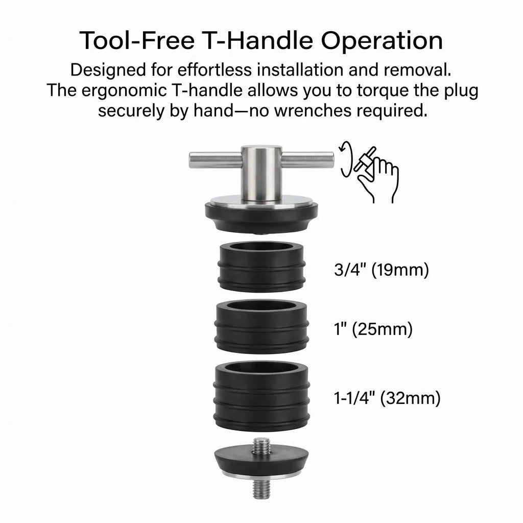 Exploded view diagram of the marine drain plug showing the stainless T-handle, the three available rubber gasket sizes (19mm, 25mm, 32mm), and the internal brass threaded bolt.