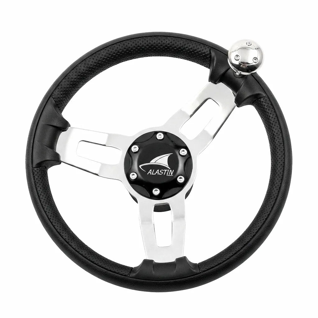 Alastin 13.5-inch marine steering wheel featuring a mirror-polished 304 stainless steel 3-spoke design, integrated speed knob, and a textured black polyurethane grip on a pure white background.