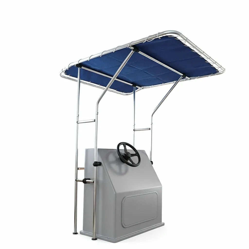 Hero shot of the Universal Marine T-Top with bright dipped aluminum frame and navy blue 600D Oxford canvas installed on a grey center console unit.