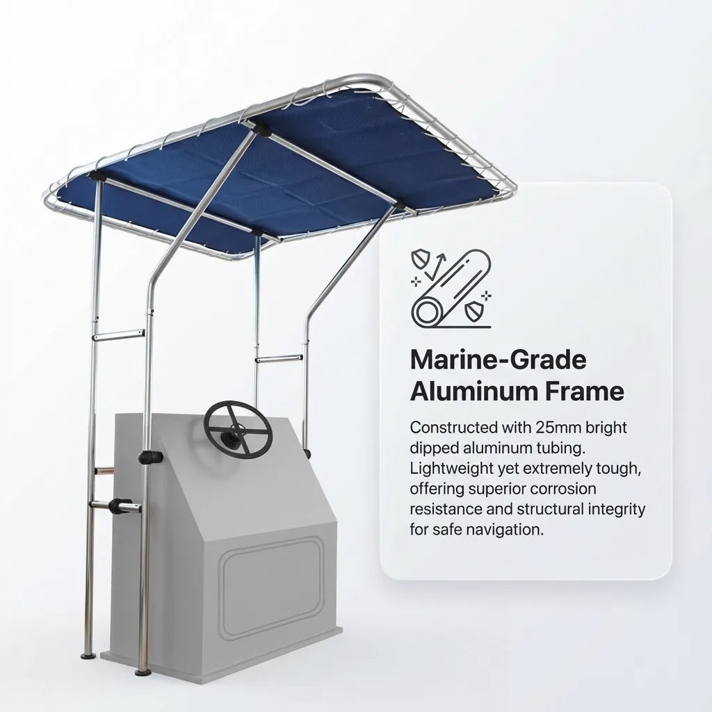 Product view highlighting the marine-grade 25mm aluminum frame with corrosion resistance callouts for saltwater environments.