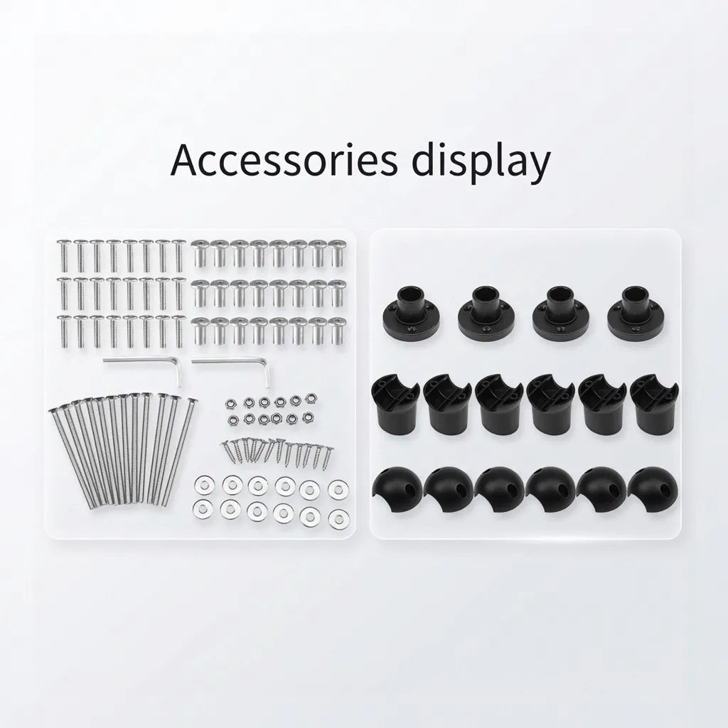 Complete mounting hardware kit including 316 stainless steel screws, washers, nuts, and black nylon bracket connectors.
