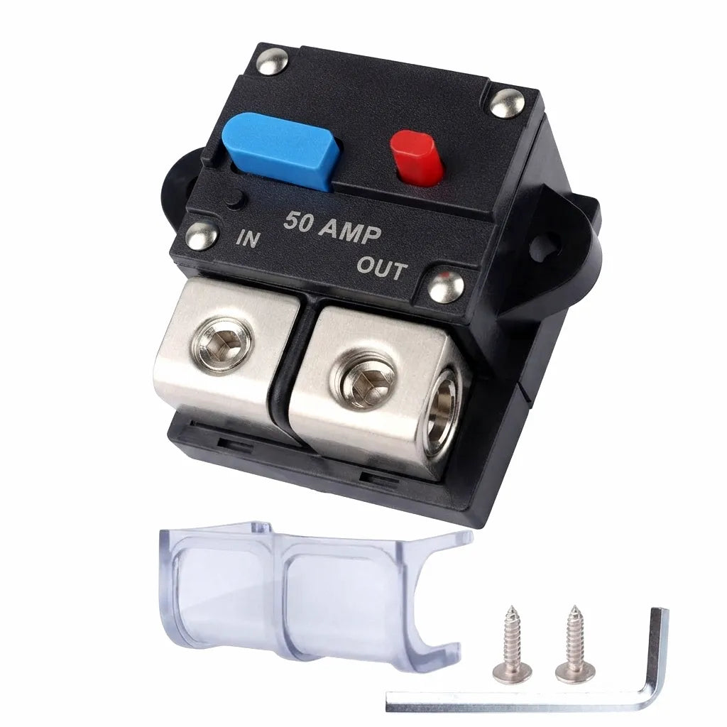 AirowMarine 50A-300A Marine Thermal Circuit Breaker with Manual Reset Buttons, High-Temp Housing, and Corrosion-Resistant Terminals. Includes clear protective cap and stainless steel fasteners.