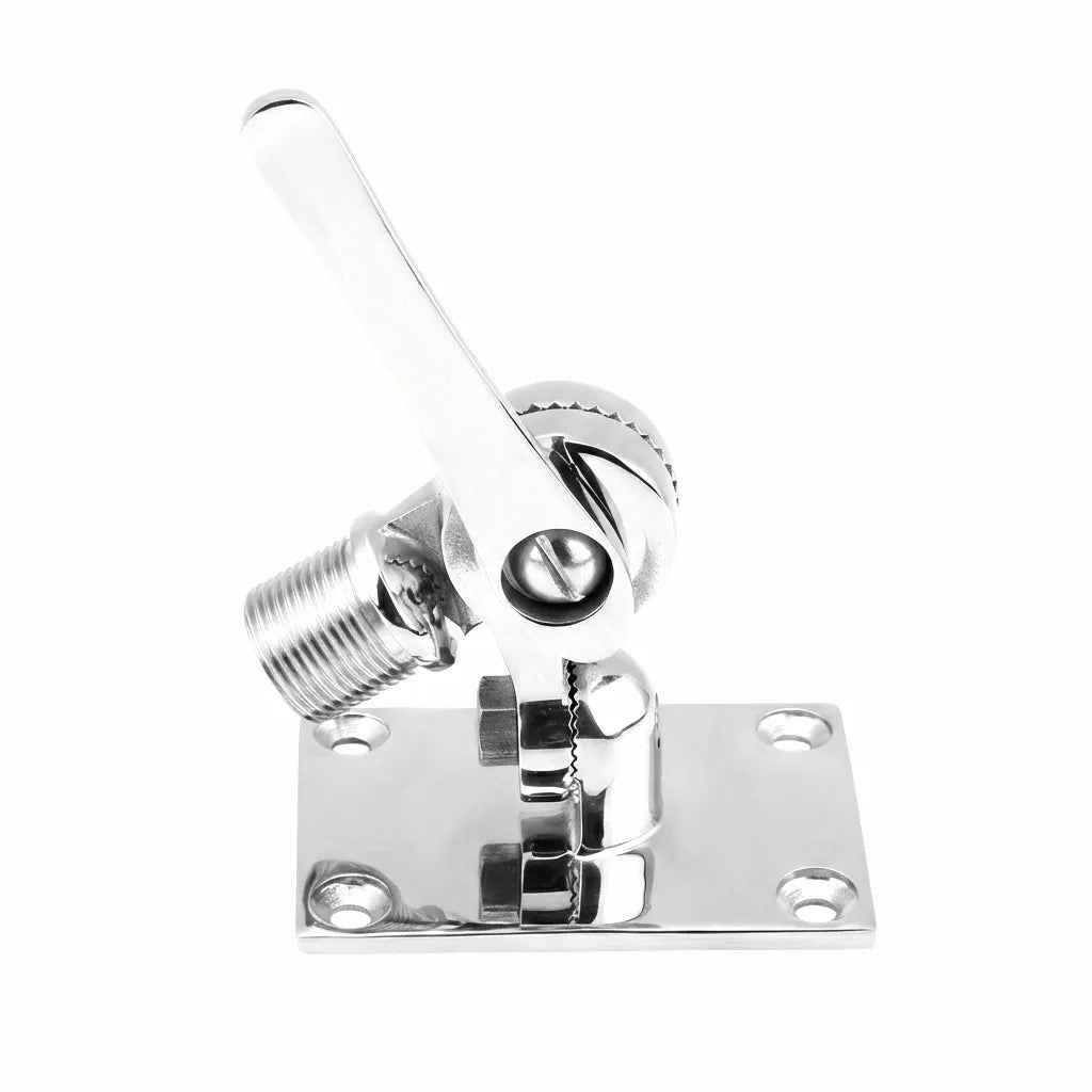 Hero shot of a marine-grade 316 stainless steel dual-axis VHF antenna mount featuring a mirror-polished finish on a white background.