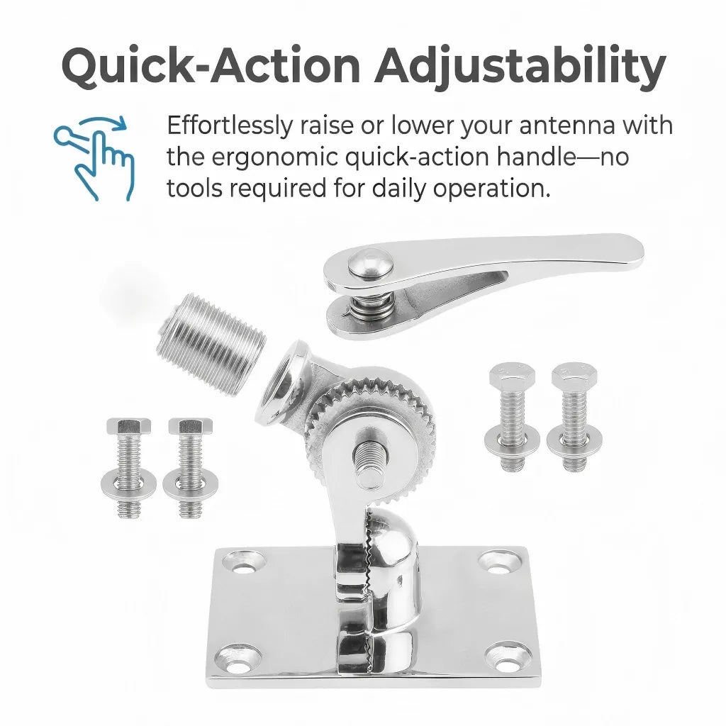 Exploded view diagram showing the ergonomic quick-action handle and stainless steel mounting hardware for easy antenna adjustment.
