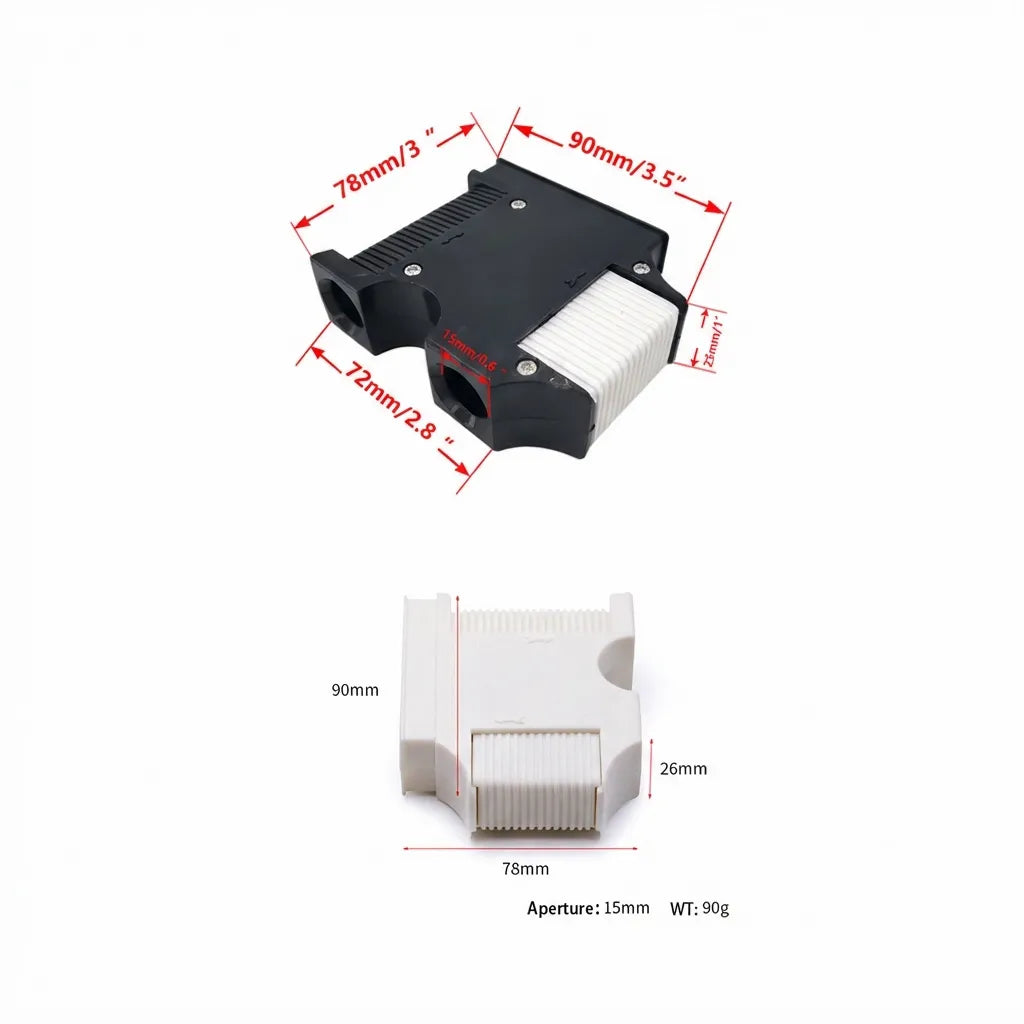 Technical dimension drawing showing 90mm height, 78mm width, and 15mm aperture for rope compatibility.