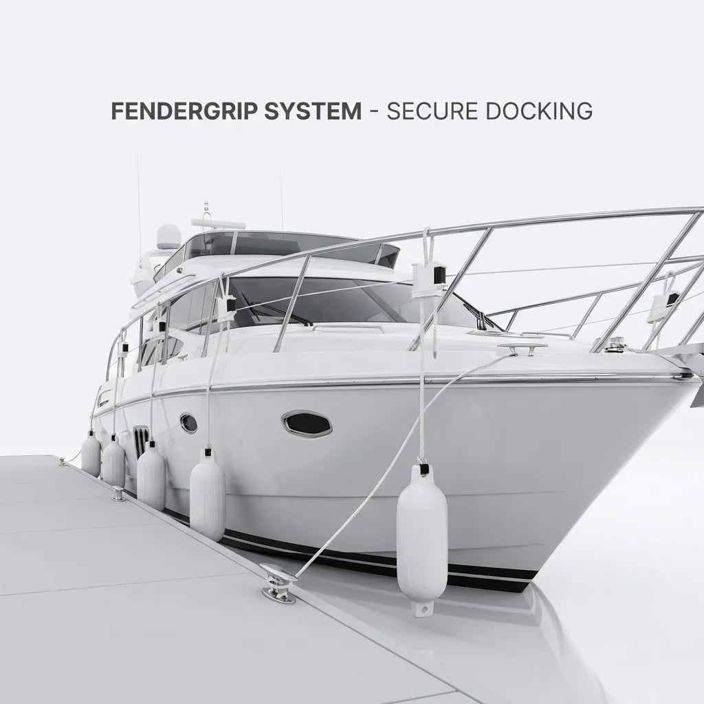 Multiple fender regulators installed on a luxury yacht at dock, showing vertical rope alignment for boat protection.