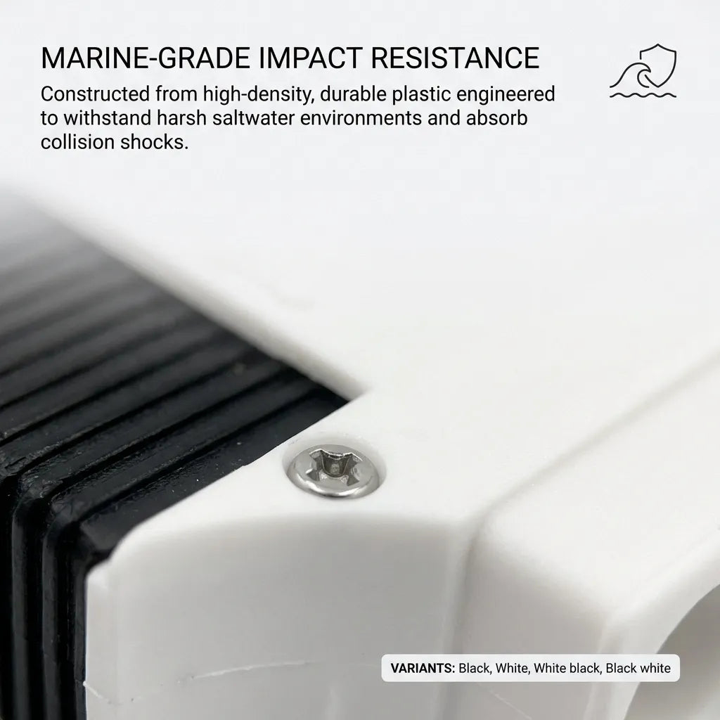 Detail view of the ABS housing and stainless screw with text highlighting marine-grade saltwater resistance.