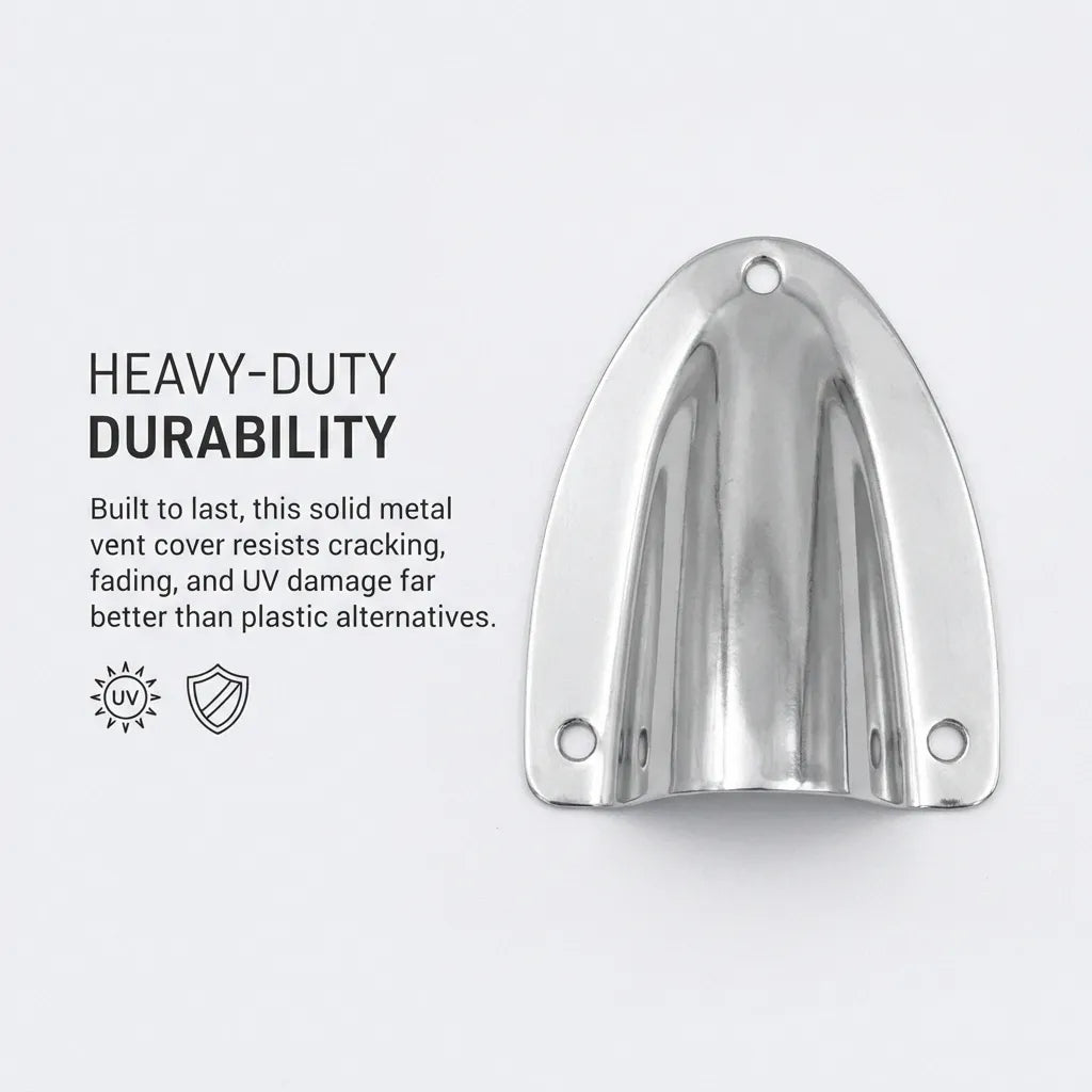 Graphic comparison showing the heavy-duty metal vent's resistance to UV damage and cracking compared to plastic alternatives.
