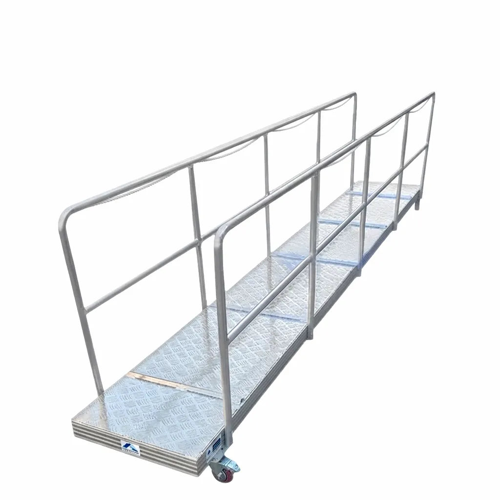Airow Marine mobile aluminum alloy gangway with high-traction diamond plate deck and robust handrails on a white background