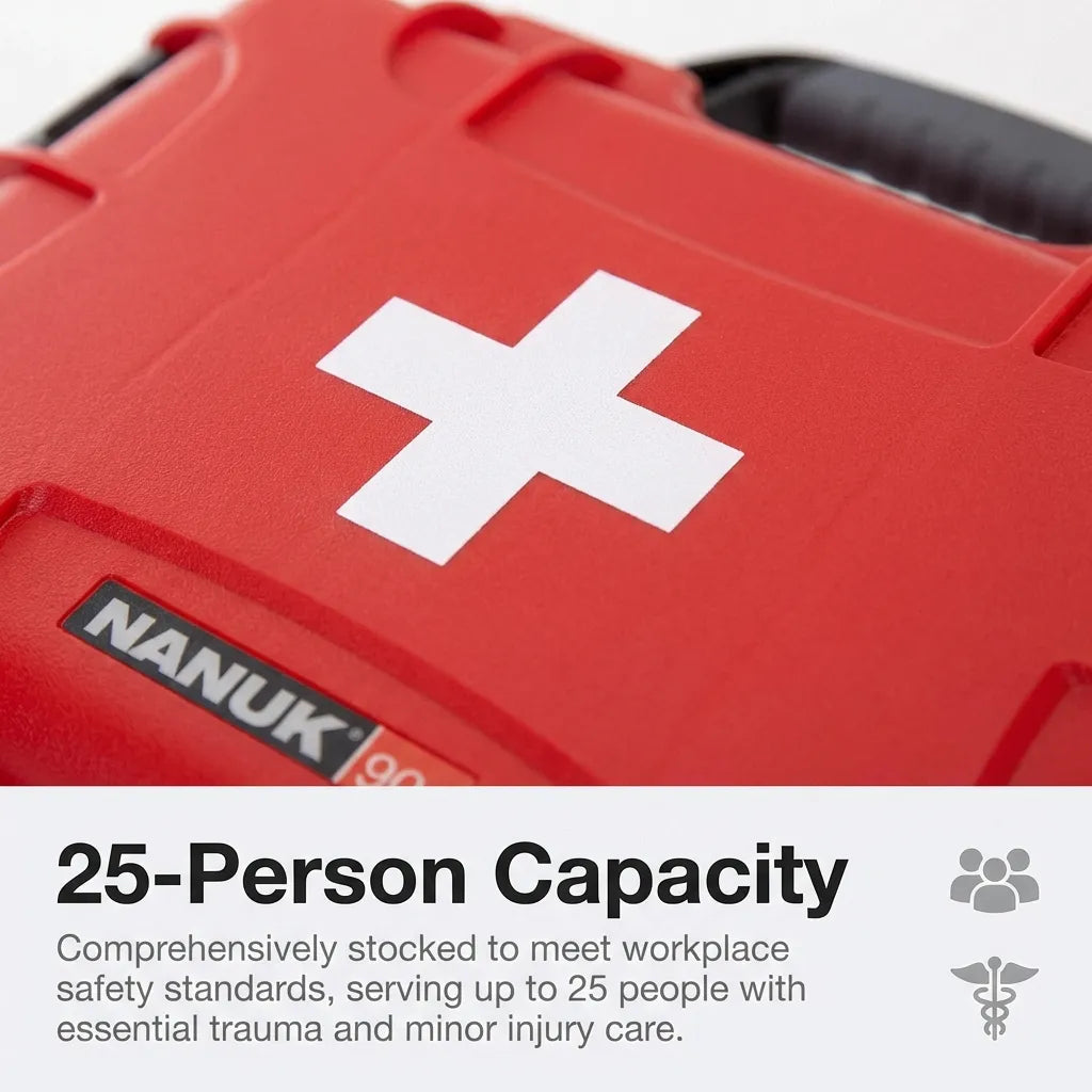 Close-up detail of the NANUK 904 logo and white medical cross highlighting the 25-person workplace capacity.