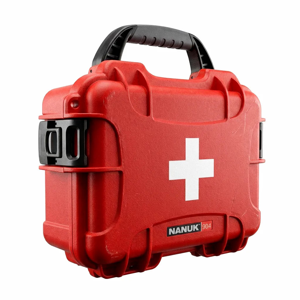 NANUK 904 First Aid Kit case in vibrant red featuring a high-impact NK-7 resin shell and heavy-duty PowerClaw latching system.