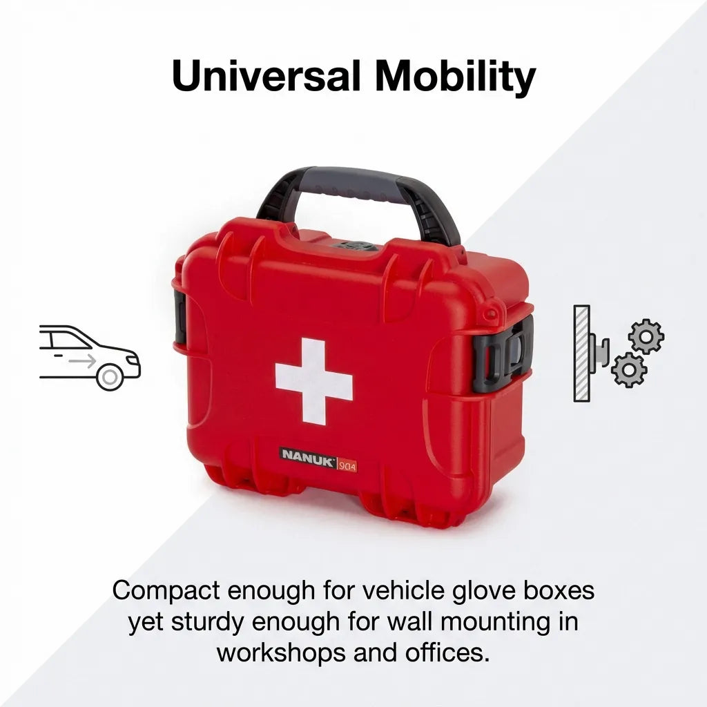 Visual guide showing the 904 case suitability for vehicle glove boxes and workshop wall mounting.