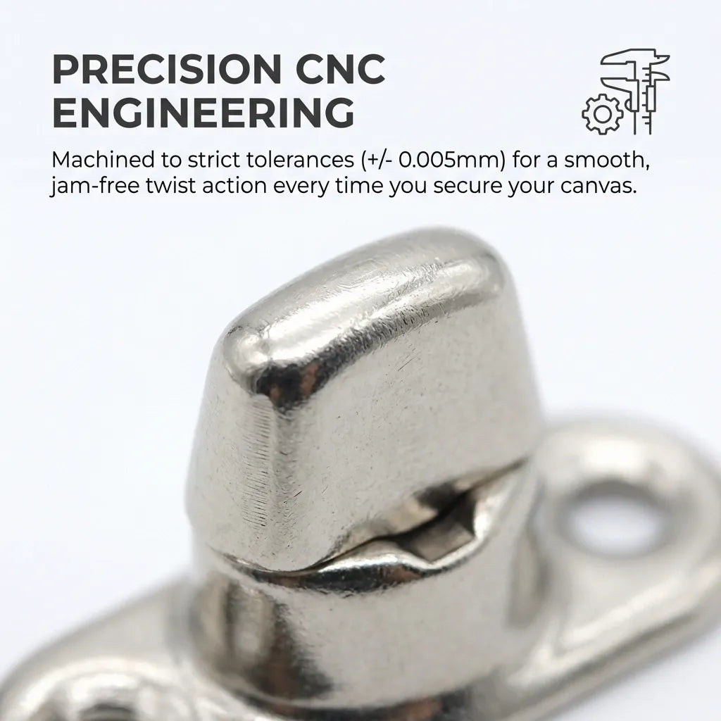 Macro close-up of a CNC machined turnbutton fastener showing high-precision tolerances and smooth nickel-plated finish.