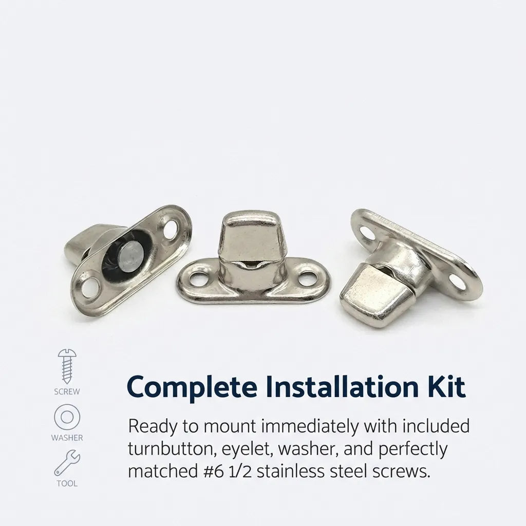 Product set including turnbutton, eyelet, washer, and #6 1/2 stainless steel screws for marine cover installation.