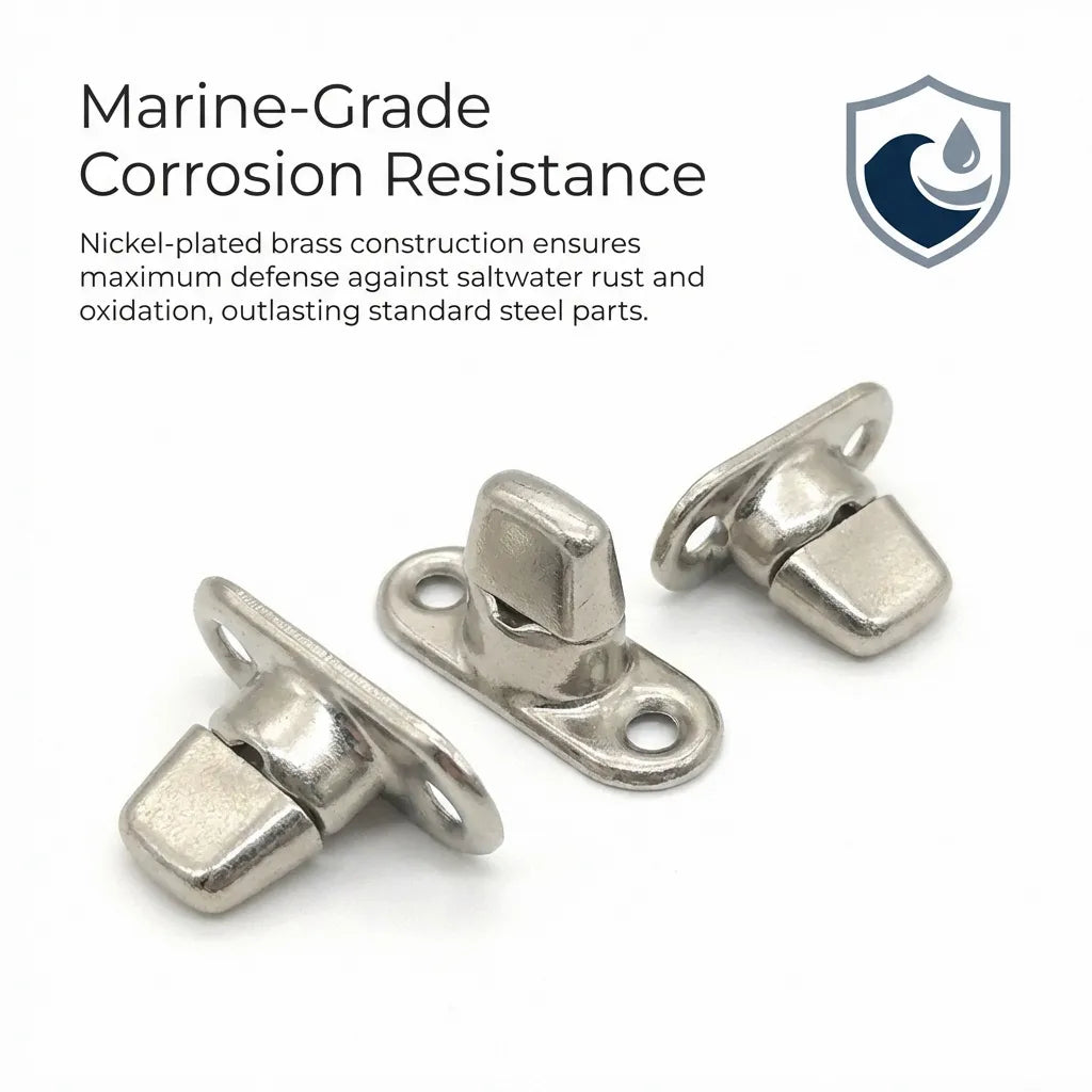 Infographic detailing the marine-grade nickel-plated brass construction and saltwater rust defense of the fastener.