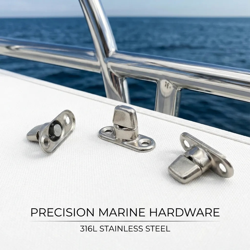 Three marine fasteners positioned on a white boat deck near a stainless steel railing with an ocean background.