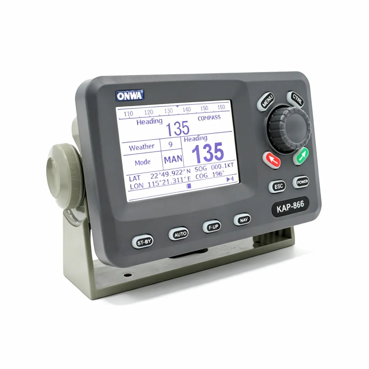 ONWA KAP-866 Marine Autopilot System control unit with digital display showing heading, weather, mode, latitude, longitude, SOG, COG, and control knob, on a white background.