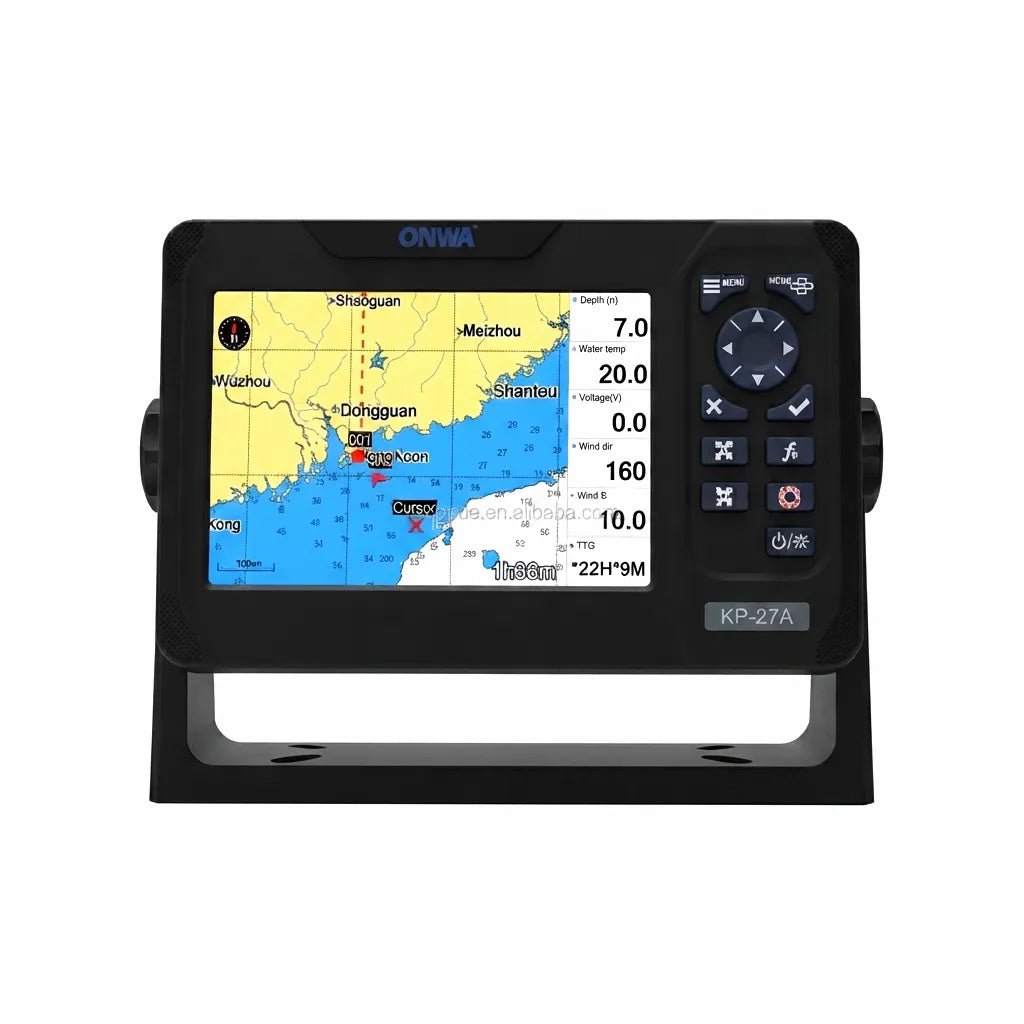 ONWA KP-27A 7-inch marine GPS chart plotter and Class B+ AIS transponder front view on white background showcasing the daylight-viewable navigation display and rugged silicone control keypad.