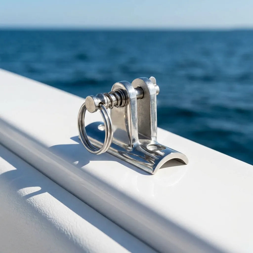 Bimini top deck hinge installed on a white boat gunwale overlooking the blue ocean.