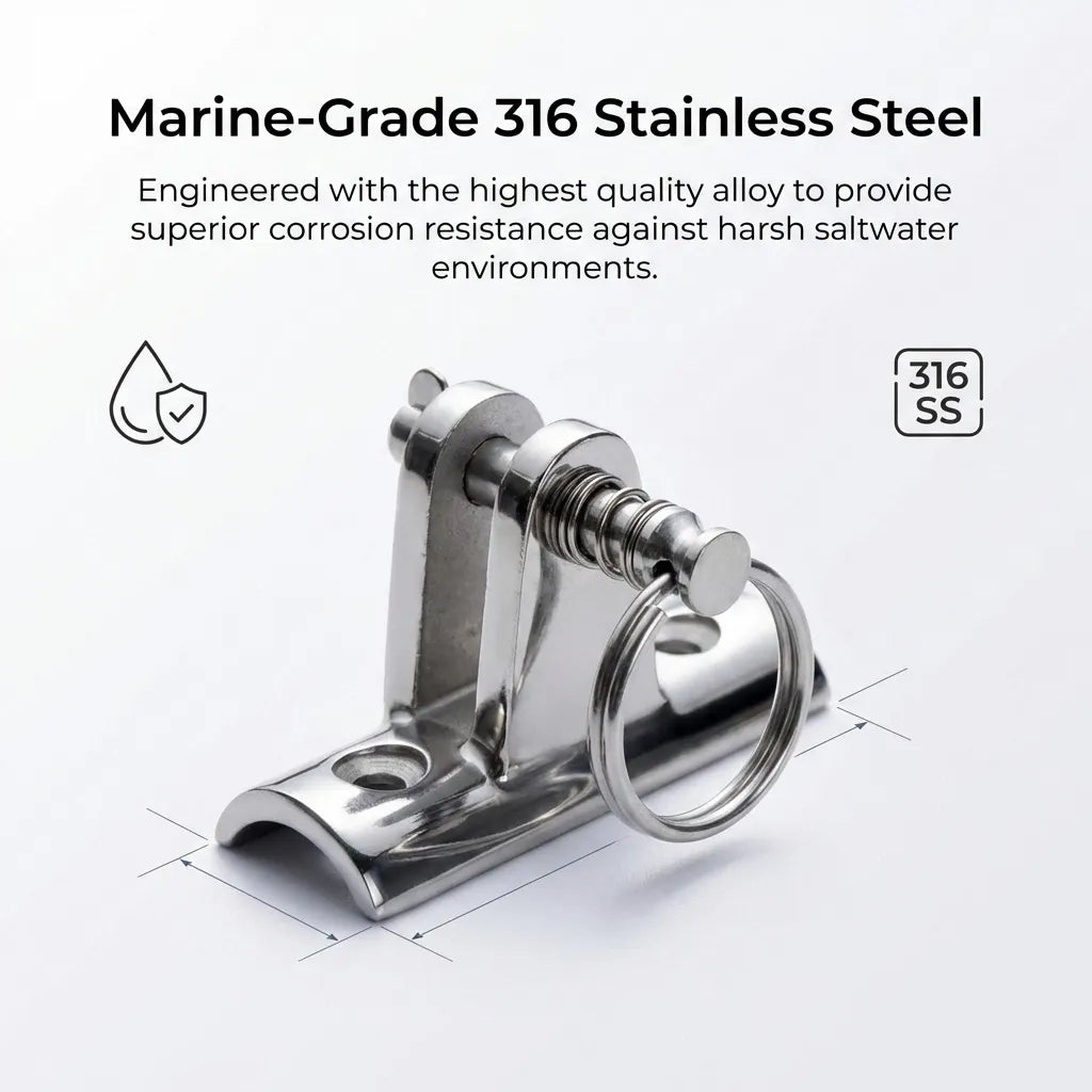 Close-up shot verifying the 316 Stainless Steel marine-grade alloy with corrosion resistance icons.