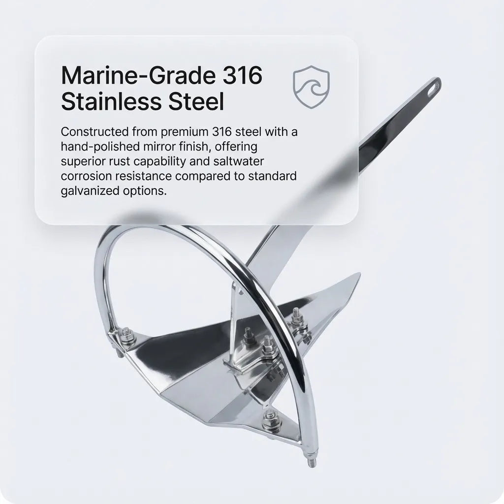 Detailed view explaining the superior rust and saltwater corrosion resistance of marine-grade 316 stainless steel vs galvanized options.